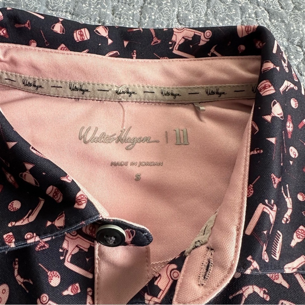 Walter Hagen Polo Golf Cart & Clubs Print Blue & Pink Shirt Short Sleeve Size S